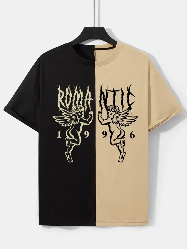 Men's Multicolor Colorblock Graphic Round Neck Short Sleeve Graphic Tee, Summer Clothes, Men's Streetwear, Regular Fit Casua...