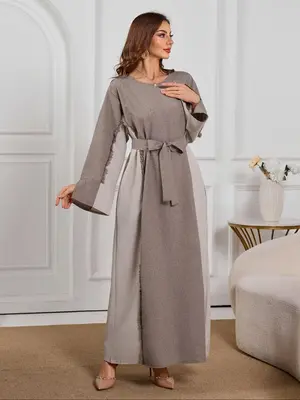 Women's Colorblock Belted Split Sleeve Long Dress, Modest Elegant Long Sleeve Round Neck Dress for Daily Wear, Ladies Islamic...