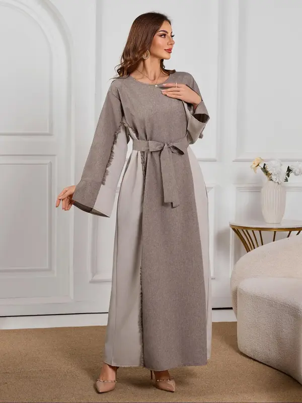 Women's Colorblock Belted Split Sleeve Long Dress, Modest Elegant Long Sleeve Round Neck Dress for Daily Wear, Ladies Islamic...