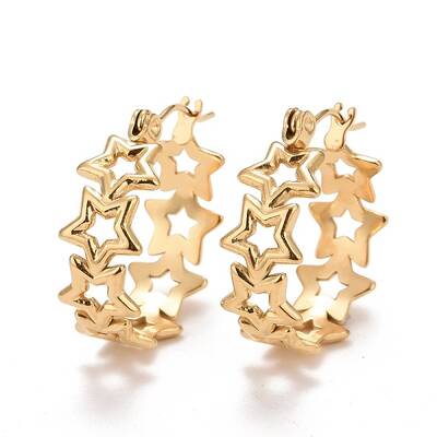 Ion Plating(IP) Hollow Star 304 Stainless Steel Hoop Earrings for Women