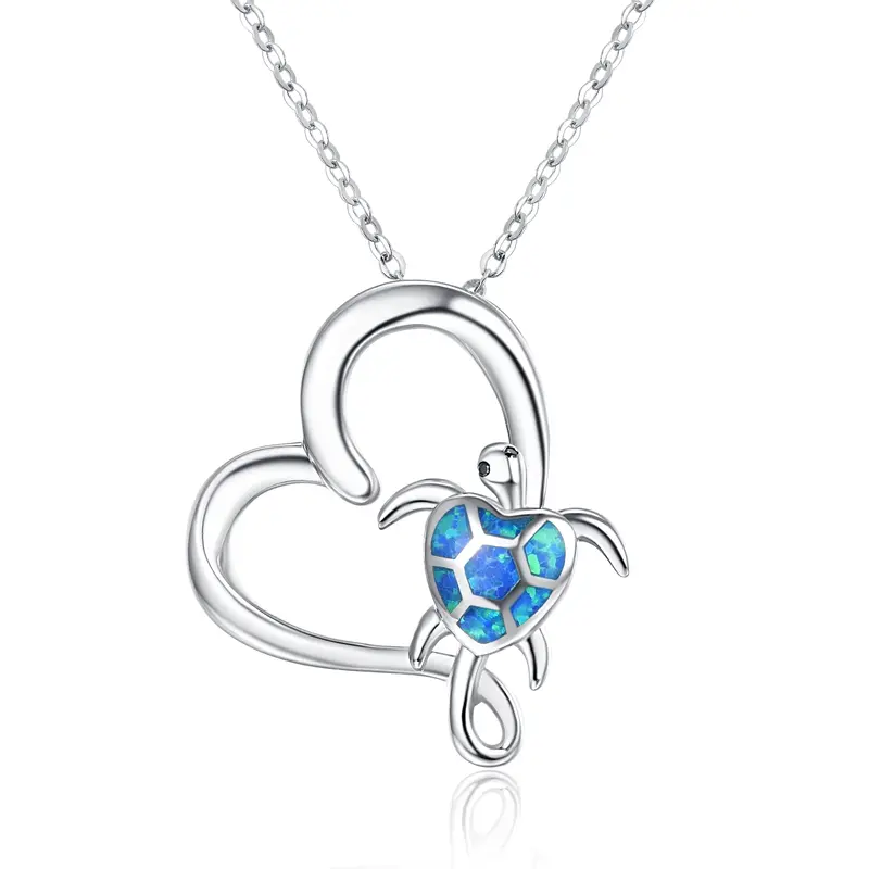 Sterling Silver Opal Sea Turtle With Heart Pendant Necklace For Women