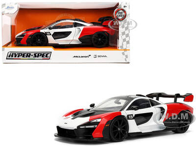 McLaren Senna Red and White with Carbon Hood and Top HyperSpec Series 1/24 Diecast Model Car by Jada