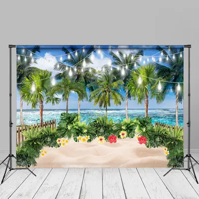 Monstera Flowers Fence Beach Summer Photo Backdrop - Aperturee