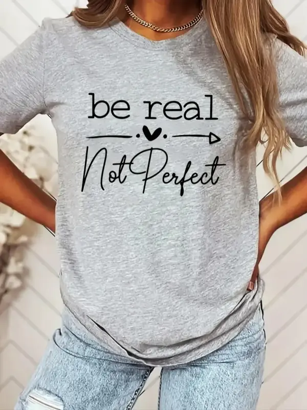 Women's Letter Print Round Neck Tee, Summer Clothes Women, Short Sleeve Crew Neck T-Shirt, Summer Outfits 2024, Casual Sum...