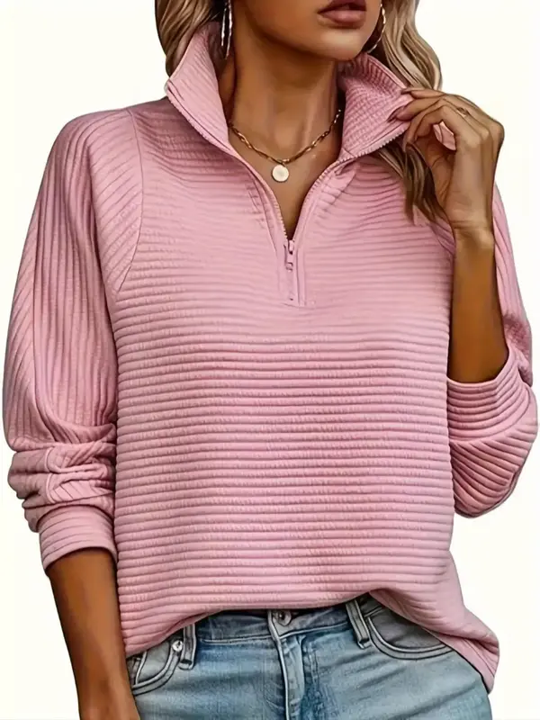 Women's Plain Half Zip Sweatshirt, Casual Long Sleeve Polo Neck Pullover for Spring & Fall, Fashion Women's Top for Daily Wea...