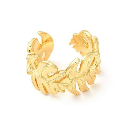 Brass Tropical Leaf Wrap Open Cuff Ring for Women