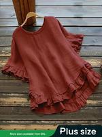 【Plus Size】 Plain Ruffle High Low Hem Blouse, Summer Outfits, Casual Round Neck Half Sleeve Top for Summer, Summer Tops, ...
