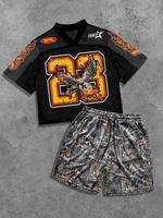 Men's Short Sleeve Graphic Tee & Camo Print Shorts Two-piece Set, Regular Fit Casual T-shirt & Shorts, Men's Summer Clothes S...