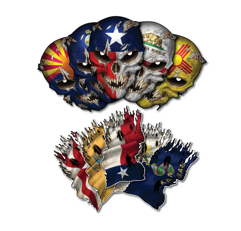 State Flag Skull Decal Tattered Waving Flags Combo Pack Reflective Eye Skulls
