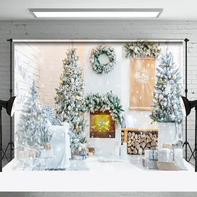 Aperturee White Snowy Room Pine Leaves Christmas Vibe Backdrop - Aperturee