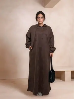 Women's Solid Drawstring Drop Shoulder Hooded Dress, Casual Long Sleeve Pocket Dress for Fall & Winter, Women's Clothing for ...