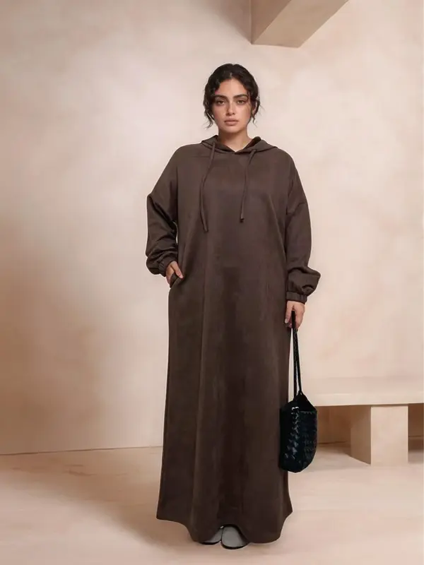 Women's Solid Drawstring Drop Shoulder Hooded Dress, Casual Long Sleeve Pocket Dress for Fall & Winter, Women's Clothing for ...