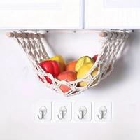 Hanging Fruit Basket, Wooden Hanging Fruit Storage Basket with 4 Hooks, Creative Fruit & Vegetable Hammock for Home Kitchen