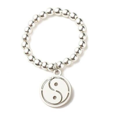 Synthetic Hematite Round Beaded Finger Ring with 304 Stainless Steel Yin Yang Charms