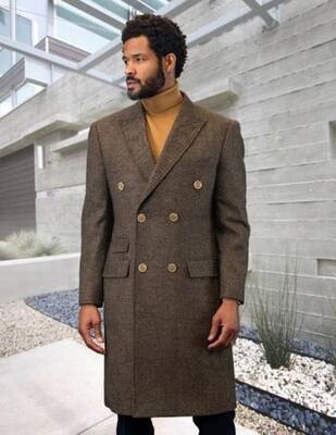 Mens Overcoat -Mens Long Wool Topcoats- Topcoat For Men-Mens Double breasted Overcoat - Gray Herringbone Double breasted Co...