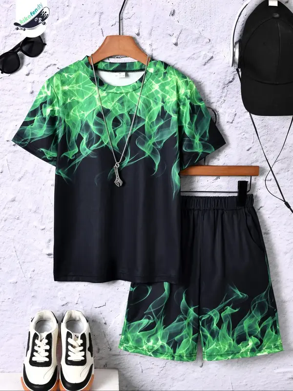 Two-piece Set Boy's Fire Print Short Sleeve Tee & Shorts Set, Casual Round Neck T-shirt & Track Shorts for Summer, Kids Cloth...