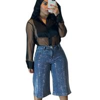 Natali Collection - Studded Denim Wide Jorts - Jean Womenswear, Stylish Wide Jorts for Versatile Wear