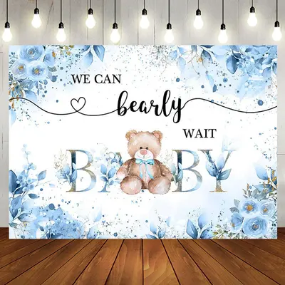 Blue Floral Leaves Teddy Bear Baby Shower Backdrop - Aperturee