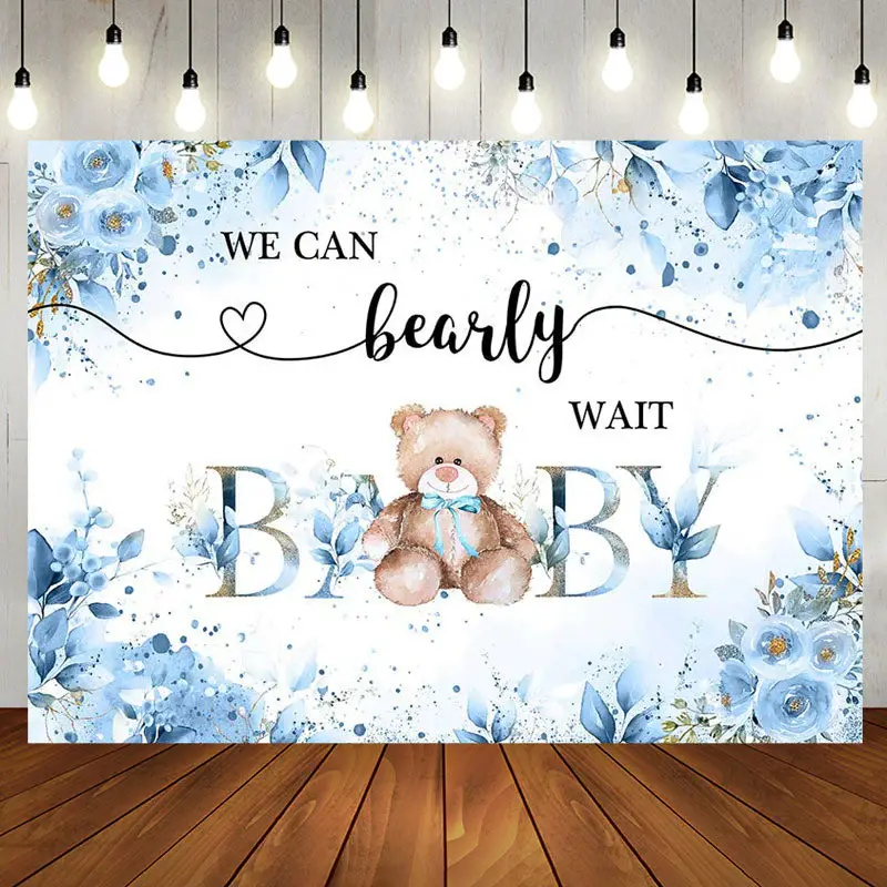 Blue Floral Leaves Teddy Bear Baby Shower Backdrop - Aperturee