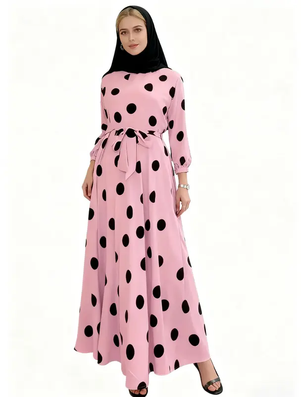 Women's Polka Dot Print Belted A Line Muslim Dress, Modest Flounce Sleeve Keyhole Neckline Islamic Dress for Daily Wear, La...