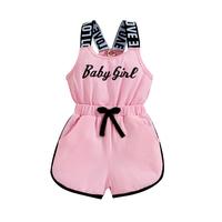 Toddler Baby Girls Summer Romper, Sleeveless Crew Neck Letter Print Short Jumpsuit Elastic Waist  Clothes