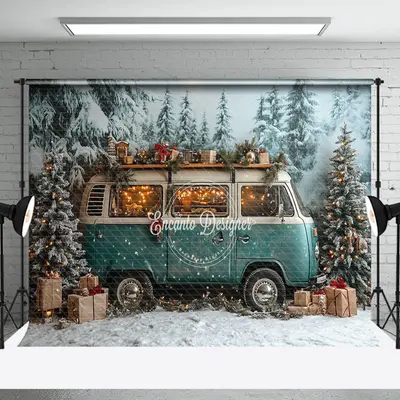 Aperturee Teal Minibus Snowy Pine Forest Christmas Backdrop - Aperturee
