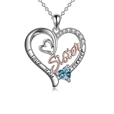 Sterling Silver Two-tone Blue Cubic Zirconia Sisters Heart Engraved Necklace for Women
