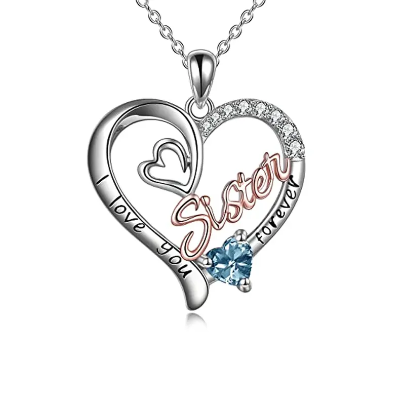 Sterling Silver Two-tone Blue Cubic Zirconia Sisters Heart Engraved Necklace for Women