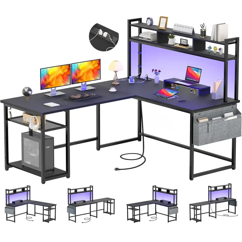 Unikito L Shaped Computer Desk with Hutch & Power Outlets, 48.82 Reversible Gaming Desk with Monitor Stand , and USB Chargi...
