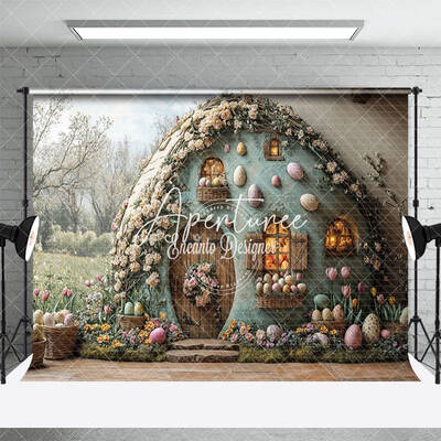 Aperturee Green Field Floral House Eggs Easter Photo Backdrop, 3X2FT(1MX0.6M), 14 USD, easter backdrops, ENHD2J91-M