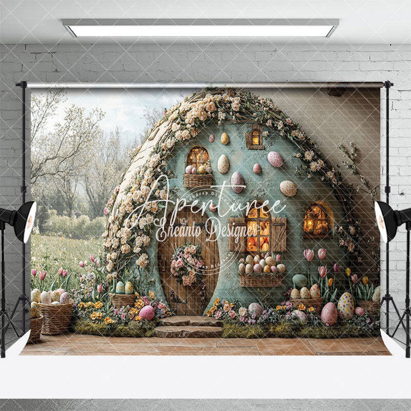 Aperturee Green Field Floral House Eggs Easter Photo Backdrop, 3X2FT(1MX0.6M), 14 USD, easter backdrops, ENHD2J91-M