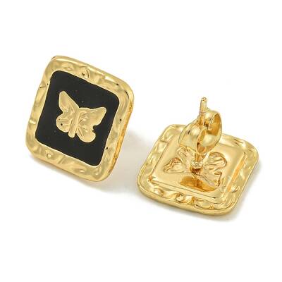 Square with Butterfly Ion Plating(IP) 304 Stainless Steel Stud Earrings