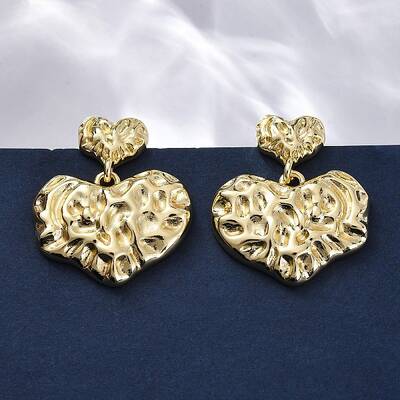 Hammered Heart Brass Dangle Stud Earrings