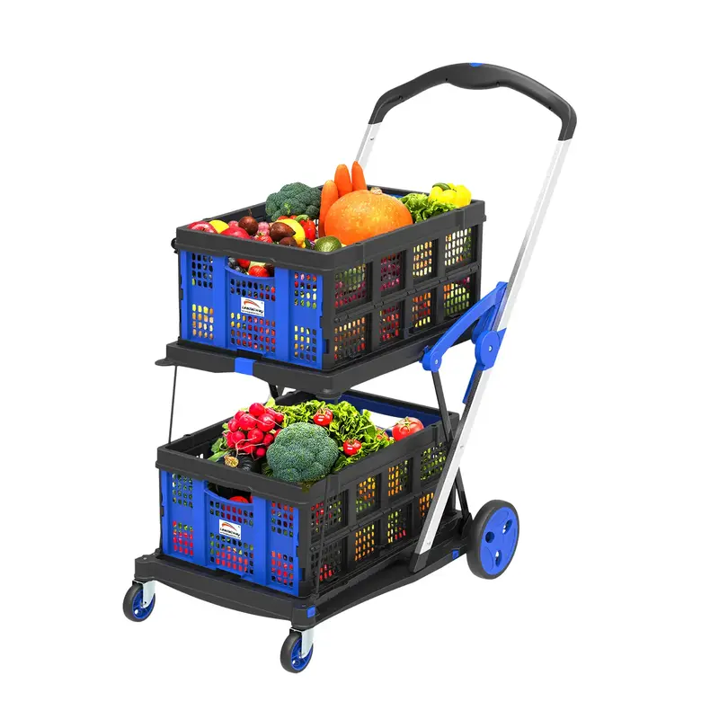 LEADALLWAY Grocery Shopping Cart with 2 Storage Crates Multi Use Functional Collapsible Carts
