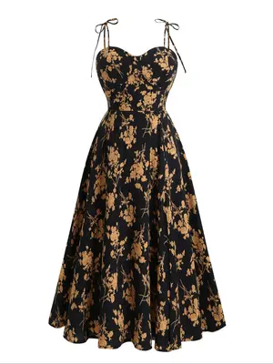 【Plus Size】 Floral Print Shirred Backless Tie Shoulder Cami Dress, Boho Sleeveless Spaghetti Strap A-line Dress for Beach...