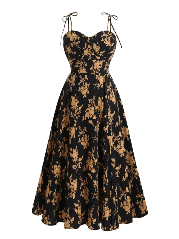 【Plus Size】 Floral Print Shirred Backless Tie Shoulder Cami Dress, Boho Sleeveless Spaghetti Strap A-line Dress for Beach...