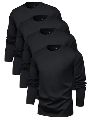 Men's 4pcs Solid Long Sleeve Tee, Regular Fit Round Neck T-Shirt for Spring & Fall, Casual Men's Top for Outdoor Daily Wear