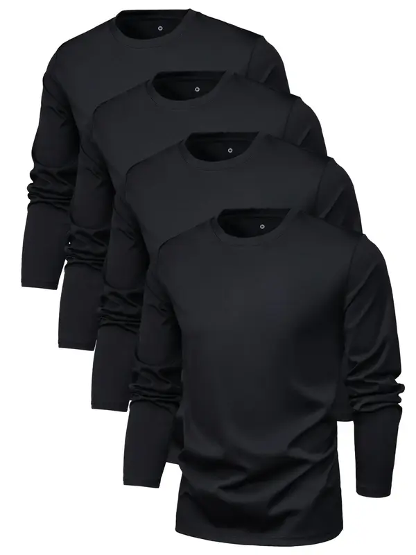 Men's 4pcs Solid Long Sleeve Tee, Regular Fit Round Neck T-Shirt for Spring & Fall, Casual Men's Top for Outdoor Daily Wear