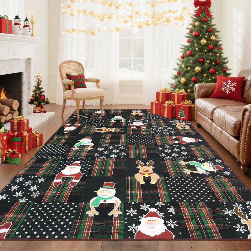 Garvee Christmas Area Rug with Santa Deer Snowflakes, Non-Slip, Machine Washable, Lightweight, Soft Plush Carpet for Living R...