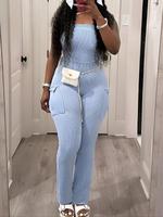 Women's Solid Off Shoulder Jumpsuit, Fashion Casual Pocket Design Strapless Jumpsuit for Daily Outdoor Wear, Women Elegant Ch...