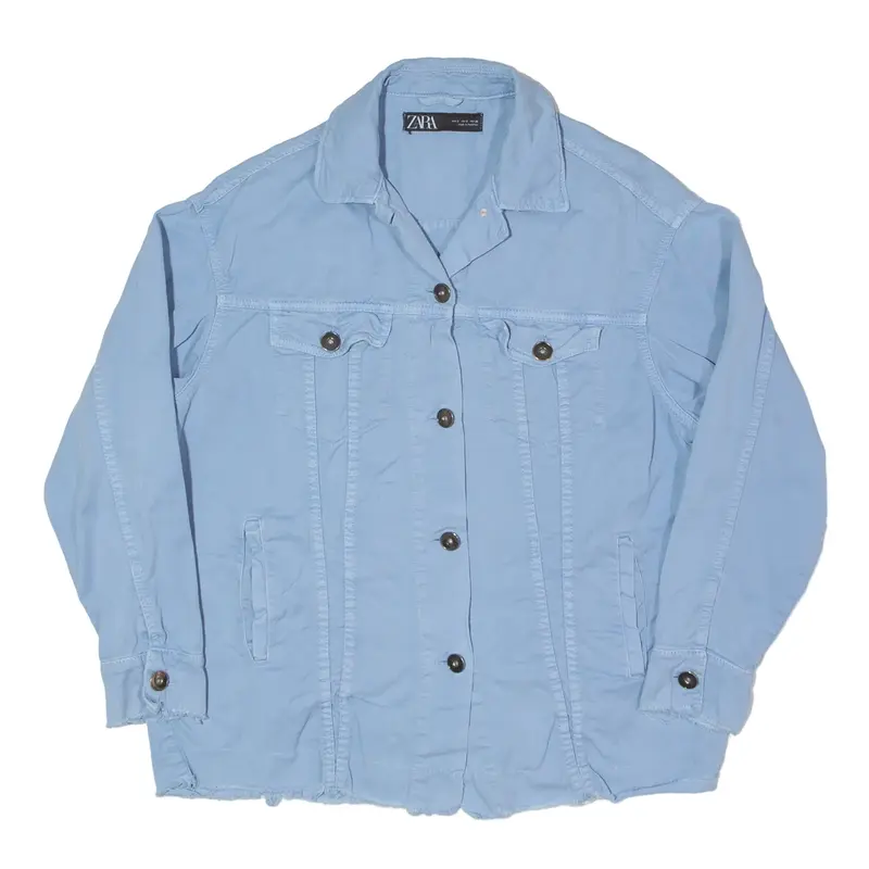 ZARA Distressed Raw Hem Relaxed Fit Denim Jacket Blue Womens S
