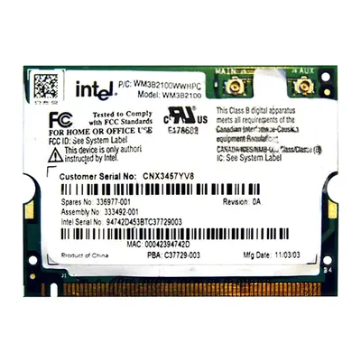 Intel WM3B2100WWFJ | PRO/Wireless 2100A 2.4GHz 11Mbps IEEE 802.11b Mini PCI Type 3B Wireless Network Adapter