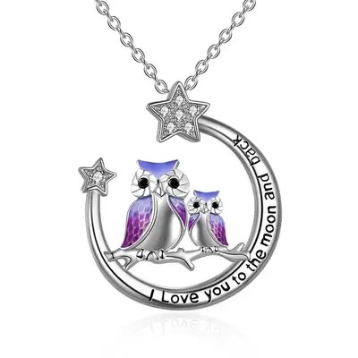 Sterling Silver Zircon Owl & Moon Pendant Necklace