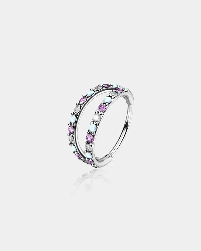 Alternating Opal/ CZ Double Hoop Nose Ring - Purple / 7mm