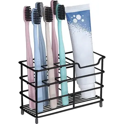 Stainless Steel Multi-grid Toothbrush Drain Holder, 1 Count Wall Mounted Toothpaste Storage Rack, Bathroom Organizer Supplies