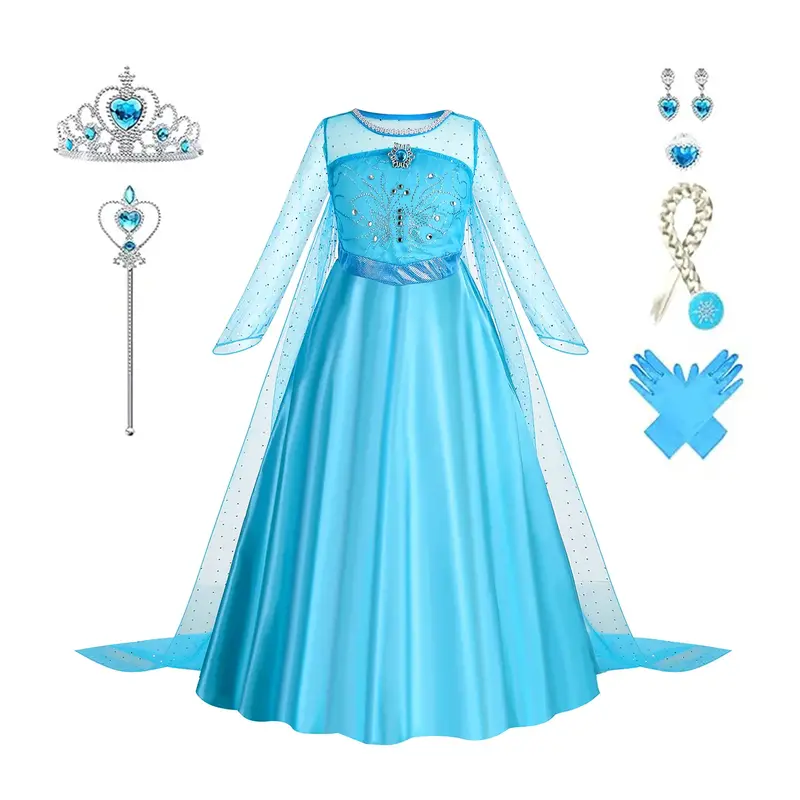 Princess Dress for Girls Snow Queen Costume for Kids Blue Fancy Dress Up for Birthday Christmas Carnival Halloween