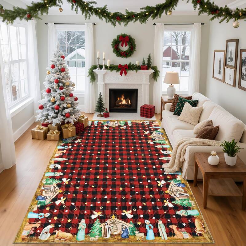 Garvee Christmas Red 8x10 Non-Slip Machine Washable Rug for High Traffic Areas, Living Room, Bedroom, Entryway & Pet Friendly