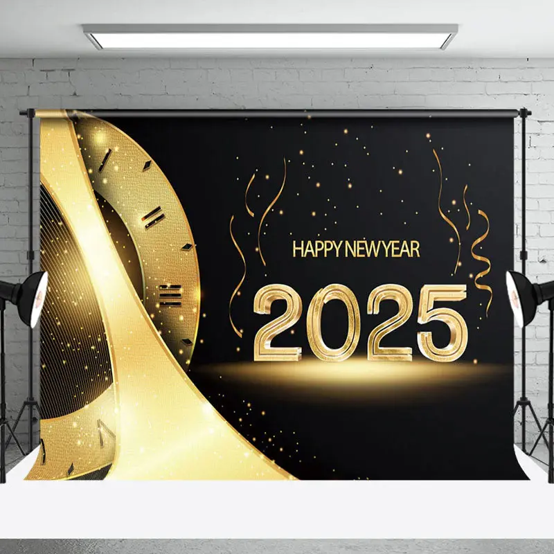 Aperturee Gold Clock Dial Ribbons Black 2025 New Year Backdrop - Aperturee