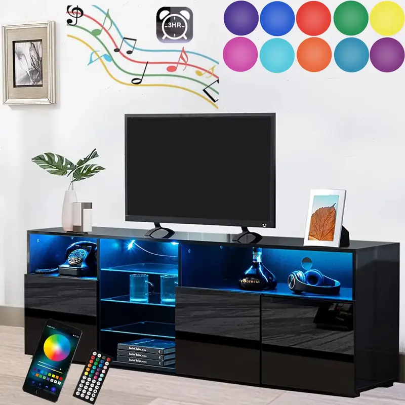 LED TV Stand for 70 inch TV, Modern Entertainment Center with LED Lights and Glossy Cabinets, TV & Media Furniture Console Ta...