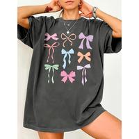 Colorful Bow Patterned Print Round Neck Casual Sport Short Sleeve T-Shirt for Women Soft Acid Wasahed Fabric Comfort Fit Casu...